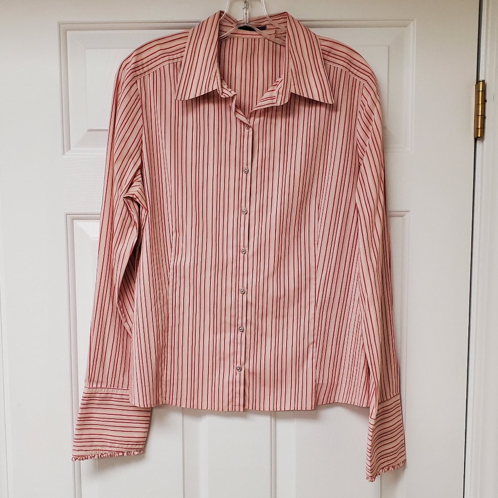 Tahari long sleeve button down blouse, ruffle accents pink and gray sz L